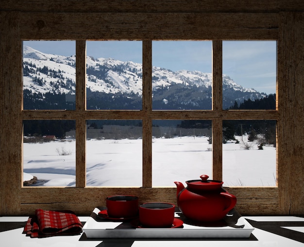 Holzfenster mit Blick auf die schneebedeckten Berge