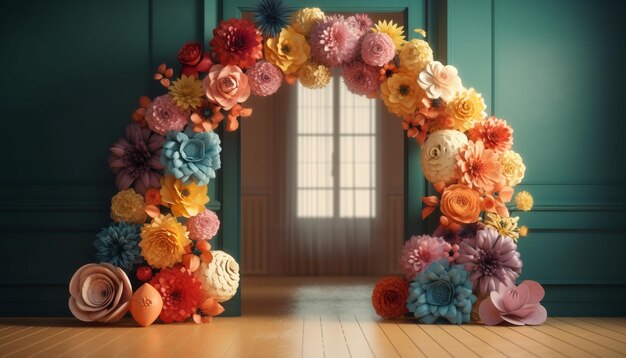 Holzflächenvase aus Blumen, moderne Innenarchitektur, farbenfroher Blumenstrauß, erzeugt durch künstliche Intelligenz