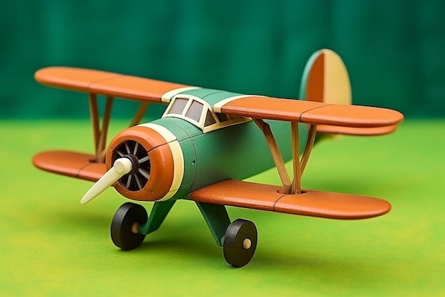 Holzflugzeug auf grünem Hintergrund