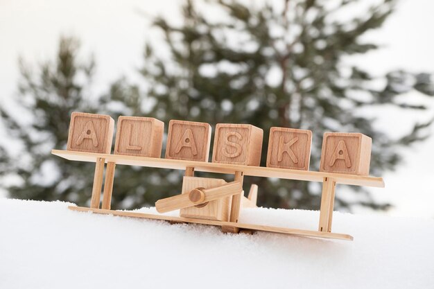 Holzflugzeug und das Wort Alaska aus Würfeln auf dem Hintergrund eines schneebedeckten Waldes. Die Idee für die Reise, das Konzept. Postkarte im Retro-Stil. Flug quer durch Amerika in den Bundesstaat Alaska