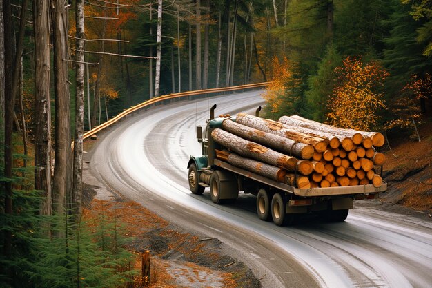 Foto holzfuhrwagen mit voller ladung eilt auf einer waldstraßenkurve