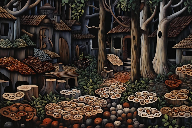 Holzhäuser im Wald mit Pilzen und Bäumen Digitale Malerei