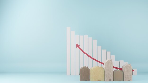 Holzhäuser Spielzeug und Diagramm Pfeil nach oben auf blau Farbe Hintergrund 3D-Rendering