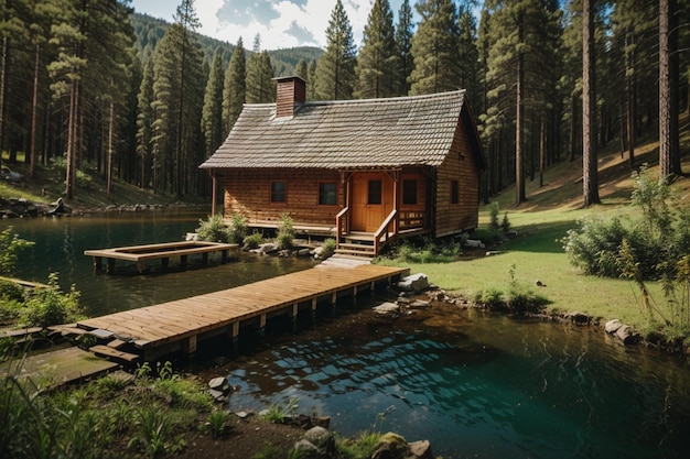 Holzhaus am Fluss mitten im Wald