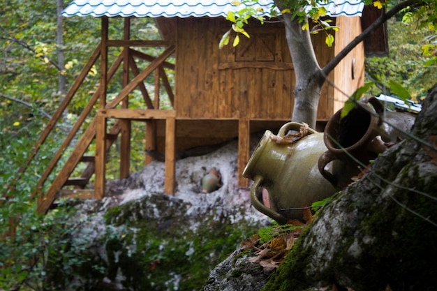 Holzhaus auf einem Stein im Wald