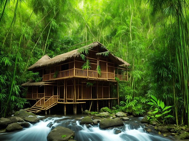 Holzhaus aus Bambus im Dschungel am Fluss