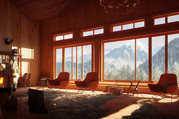 Holzhaus außerhalb der Stadt mit Panoramafenstern und Blick auf den verschneiten Wald Holzmöbel und dicker, flauschiger Teppich auf dem Boden 3D-Darstellung