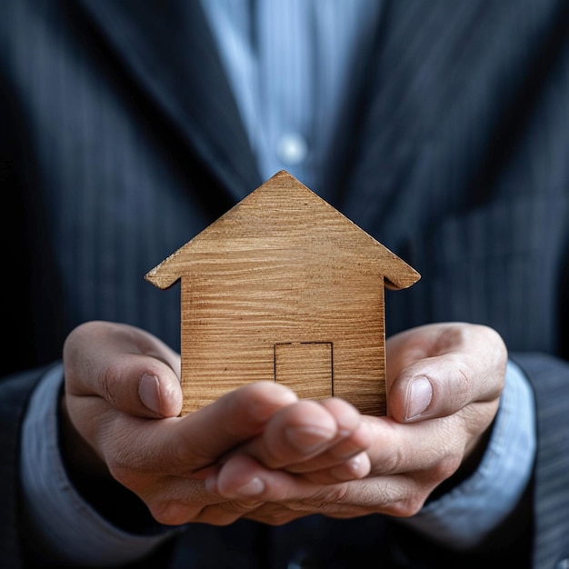 Foto holzhaus bewacht geschäftsleute handschilde symbolisches immobilienmodell für soziale medien postgröße