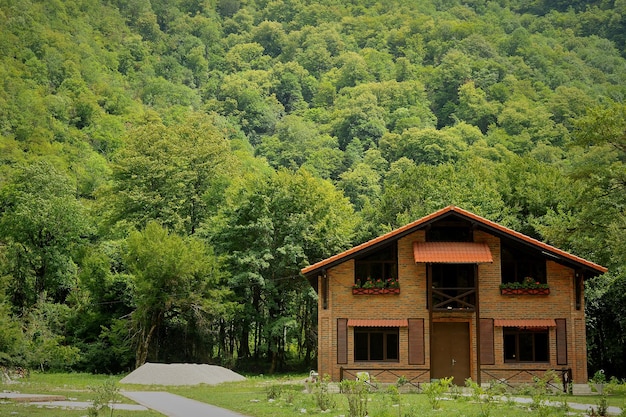 Holzhaus Blockhaus in den Bergen in Abchasien Ökologie und Erholung abseits der Stadt Viele grüne Bäume