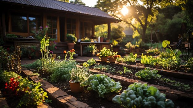 Foto holzhaus im dorf mit pflanzen und blumen im hinterhofgarten garten und blumen auf dem ländlichen haus