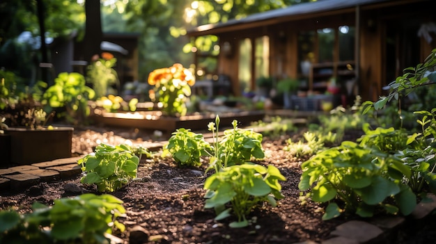 Holzhaus im Dorf mit Pflanzen und Blumen im Hinterhofgarten Garten und Blumen auf dem ländlichen Haus