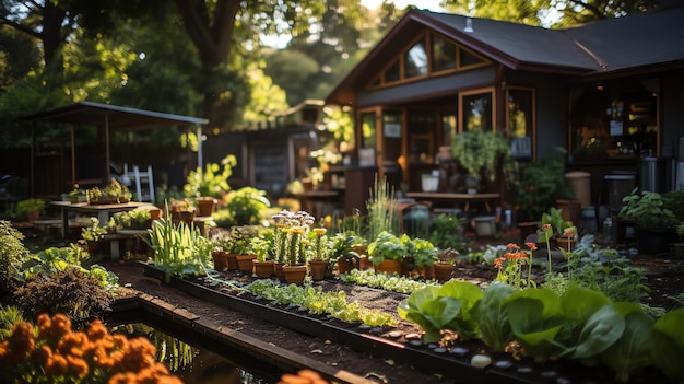 Foto holzhaus im dorf mit pflanzen und blumen im hinterhofgarten garten und blumen auf dem ländlichen haus