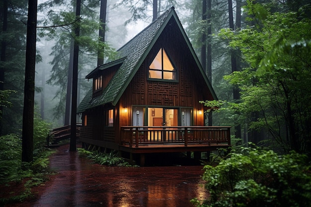 Holzhaus im Wald bei regnerischem Wetter