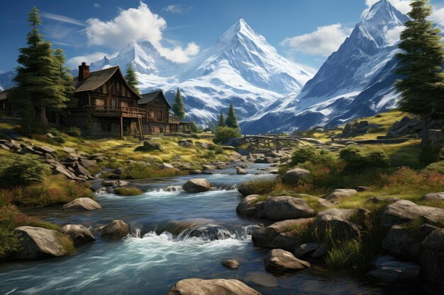 Foto holzhaus in der nähe eines flusses in der schweiz bergkette bäume mit grünen blättern die berge