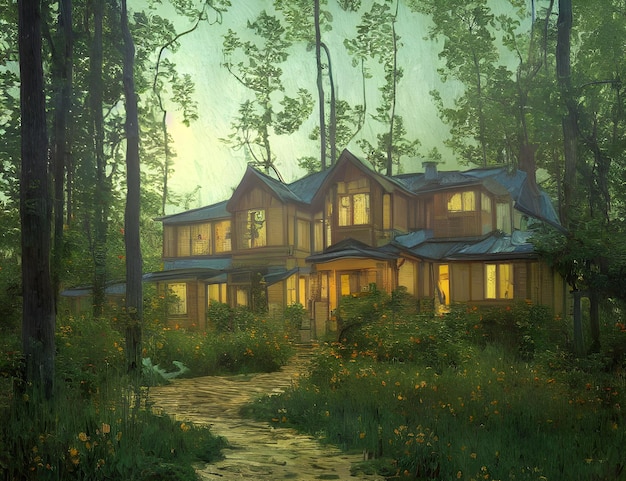 Holzhaus mit beleuchteten Fenstern im Abendwald 3D-Darstellung