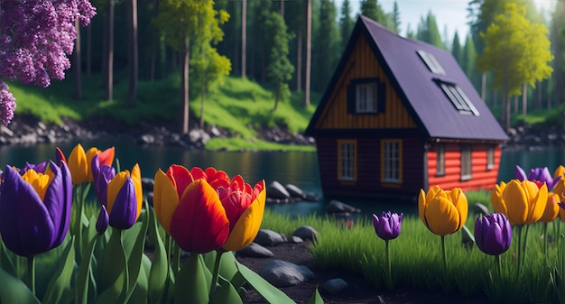 Holzhaus mit Blumen