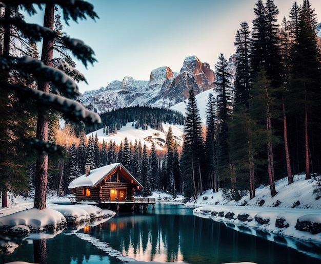 Holzhaus mit schöner Winterlandschaft mit schneebedeckten Bäumen