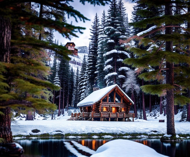 Holzhaus mit schöner Winterlandschaft mit schneebedeckten Bäumen