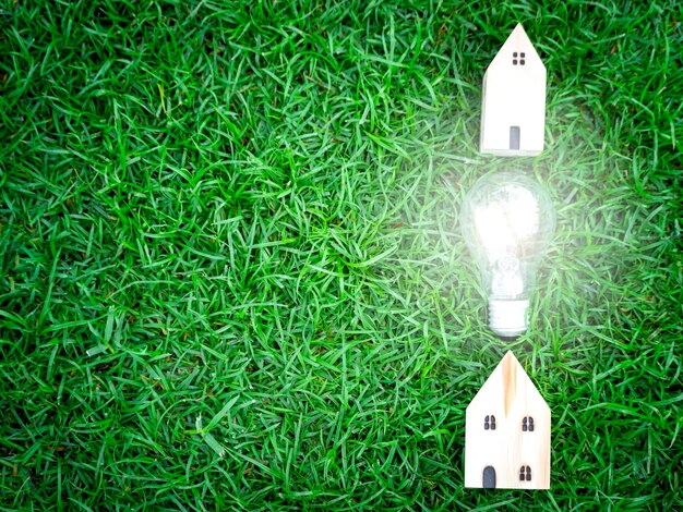 Holzhaus und Glühbirne auf grünem Gras Energieeinsparung mit erneuerbarer grüner Energie zur Rettung der Welt Liebe und Schutz unseres Planeten umweltfreundliches Konzept