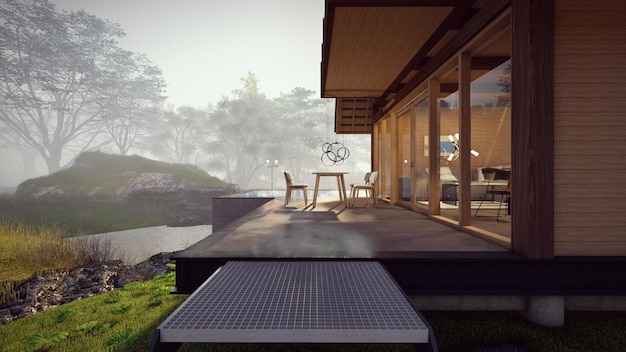 Holzhauseingang mit schönem Naturhintergrund 3D-Darstellung