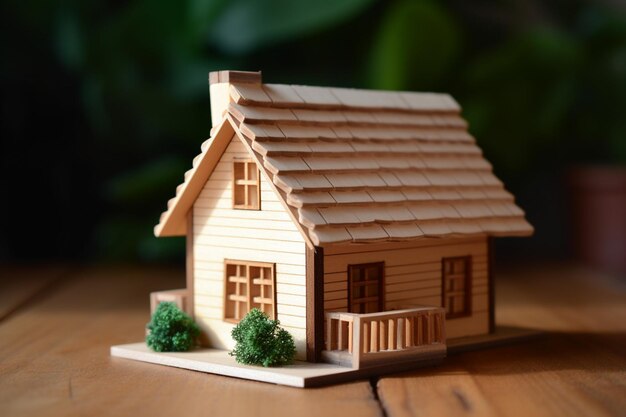 Holzhausmodell auf Holzhintergrund, das Bau und Ökologie darstellt