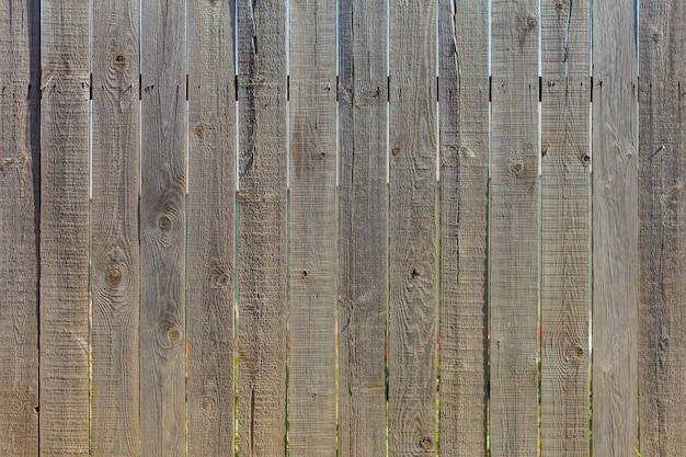Holzhintergrund. Ein rustikaler Zaun aus unbemalten Brettern mit Schlitzen und Nägeln.