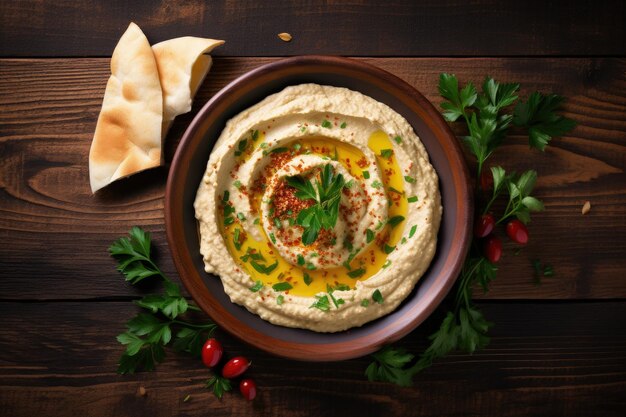 Foto holzhintergrund mit hummus auf einem teller