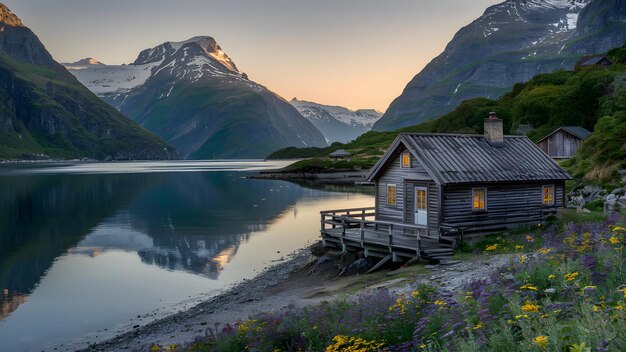 Foto holzhütte am bergsee norwegischer fjord reiselandschaft outdoor-foto