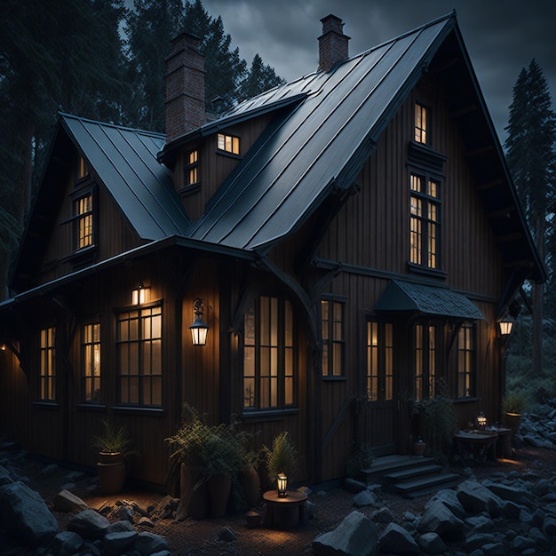 Holzhütte im Wald bei Nacht