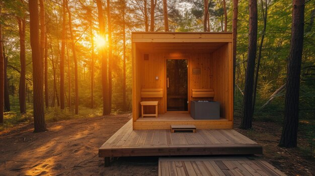 Holzhütte mit Whirlpool im Wald bei Sonnenuntergang