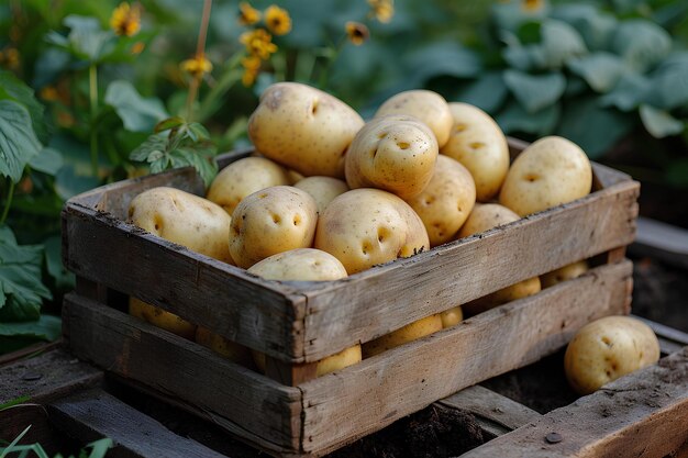 Holzkäste mit Kartoffeln in einem Garten