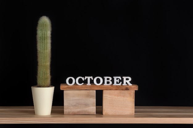 Holzkalender von Oktober und Kaktus auf schwarzem Hintergrund. Attrappe, Lehrmodell, Simulation.