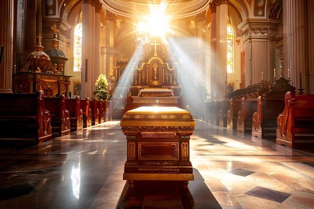 Holzkist in der hellen katholischen Kirche