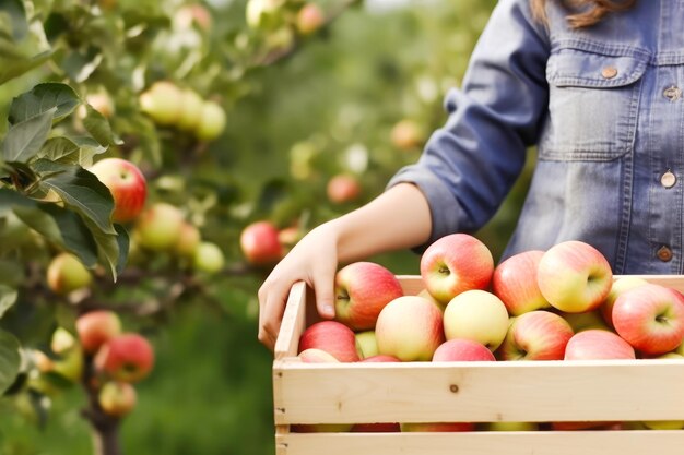 Foto holzkiste mit frisch gepflückten äpfeln in frauenhänden im apfelgarten generative ki