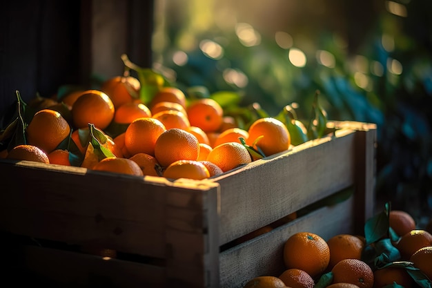 Holzkisten, die mit Orangenfrüchten geschmückt sind, füllen die Holzkisten und den Orangengartenbereich