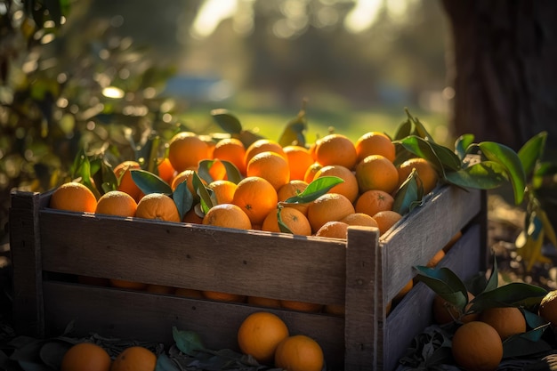 Holzkisten, die mit Orangenfrüchten geschmückt sind, füllen die Holzkisten und den Orangengartenbereich