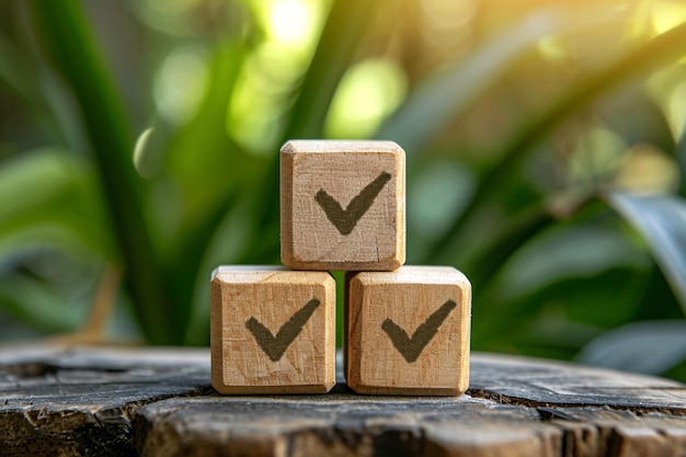 Holzklötze mit Häkchensymbolen zeigen Aufgabenlisten, Umfragen, Bewertungen und Qualitätskontrolle zur Erreichung von Geschäftszielen und zum Erfolg an