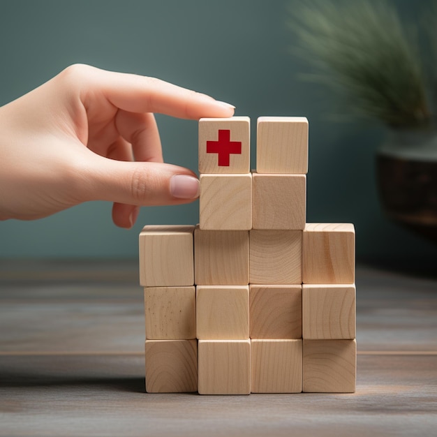 Holzklötze mit rotem Kreuz oben Gesundheits- und Medizinkonzept