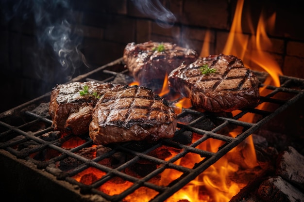 Holzkohlegrill mit brutzelnden Steaks und Rauch