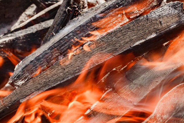 Holzkohlen brennen und glimmen in Nahaufnahme, selektiver Fokus