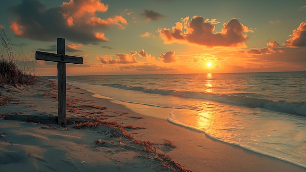 Foto holzkreuz am strand bei sonnenuntergang