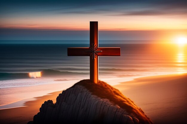 Holzkreuz auf einer Klippe mit Blick auf den Ozean bei Sonnenuntergang, christliches Auferstehungssymbol