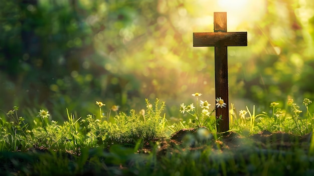 Holzkreuz auf grünem Feld mit Sonnenlicht