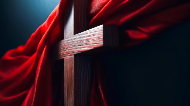 Holzkreuz Jesu mit rotem Schal bedeckt Fastenzeit und Religionskonzept