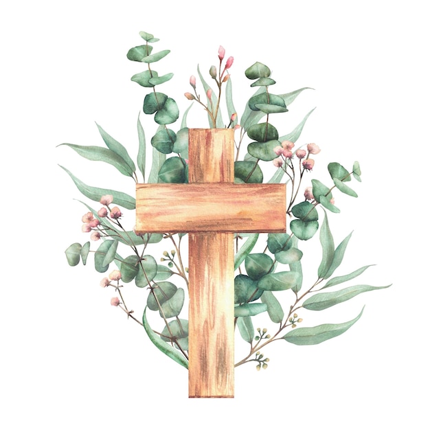 Holzkreuz mit Eukalyptuspflanze, grünen Zweigen und kleinen rosa Blüten, Zweig, christliche Religion