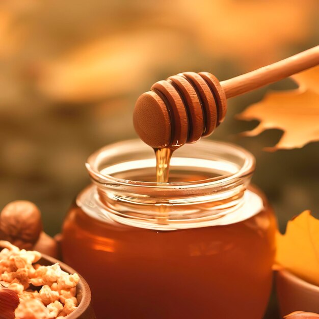 Holzlöffel in einem Glas Honig mit Nüssen und einer Schüssel Müsli auf verschwommenem Hintergrund der Herbstblätter