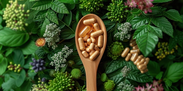Holzlöffel mit verschiedenen Arten von Pillen und pflanzlichen Vitaminen extreme Nahaufnahme Generative KI
