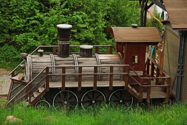 Holzlokomotive über grünen Bäumen im Park