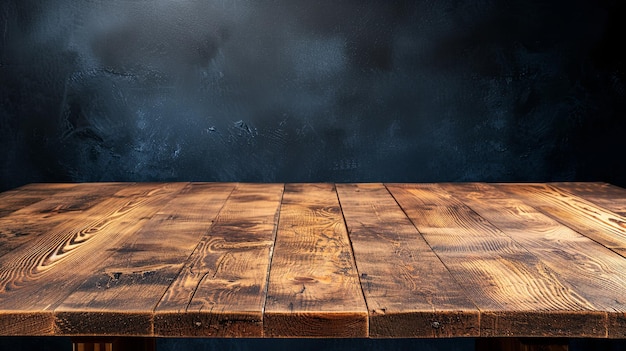 Holzoberfläche leerer Tischschreibtisch auf dunklem Hintergrundkonzept