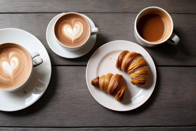 Holzoberfläche mit dekorativen Zweigen Kaffee mit Croissant und Blumen